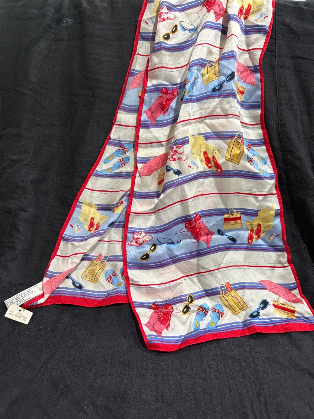 Collection XIIX Red-Trim White Silk Scarf 🧣 with Multicolor Beach Motif NWT